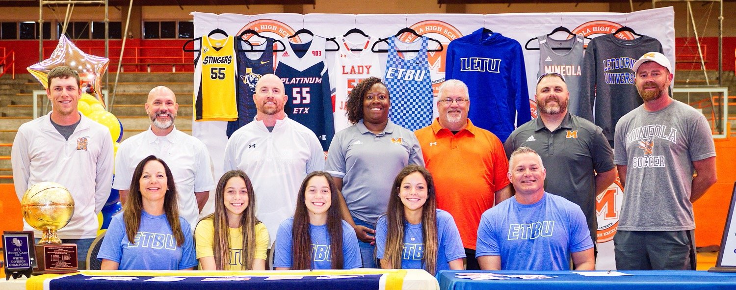 The Riley family and their coaches celeberated Keilee and Kapri signing with LeTourneau University and East Texas Baptist University, respectively. [see more celebrations]